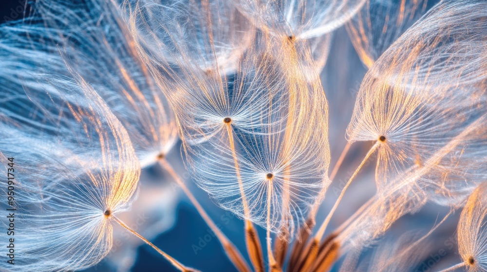 Naklejka premium A macro shot of a dandelion seed head, highlighting the intricate details of the tiny seeds.