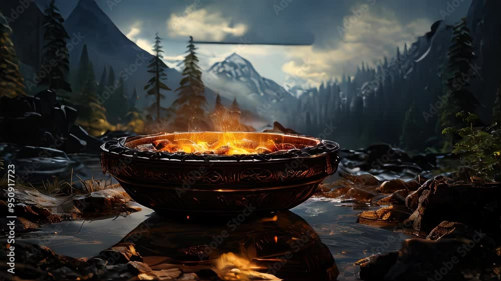 Bonfire on the shore of a mountain lake in the evening Bonfire on the shore of a mountain lake in the evening