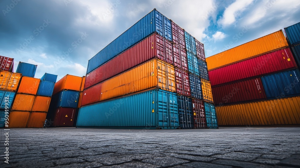 Fototapeta premium A stack of colorful shipping containers at a port, ready to be transported across the globe