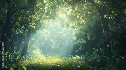 A mystical forest background with tall, ancient trees and a soft, ethereal light filtering through the leaves, perfect for a magical and enchanting scene. Ethereal. Illustration photo