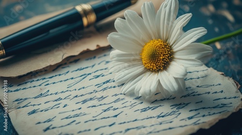 A daisy lying on a vintage letter, with a fountain pen nearby, evoking nostalgia and the art of handwritten correspondence photo