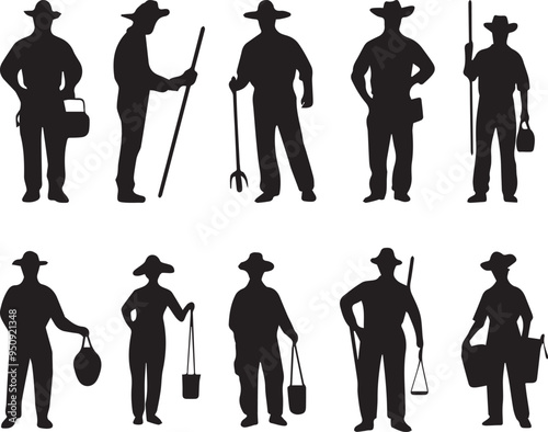 Silhouette of farmer icons, vector silhouette of farmers in different poses
