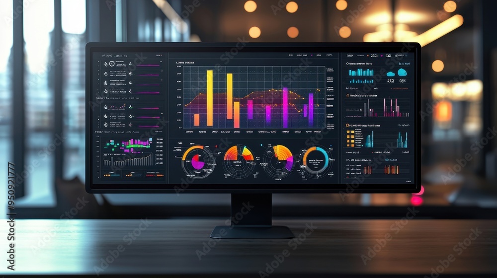 Colorful Data Analytics Dashboard on Multiple Computer Screens Colorful Data Analytics Dashboard on Multiple Computer Screens