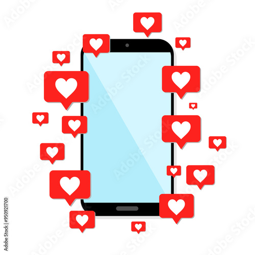 A smartphone with a blue screen and heats like icons around it on a white background. Social media concept