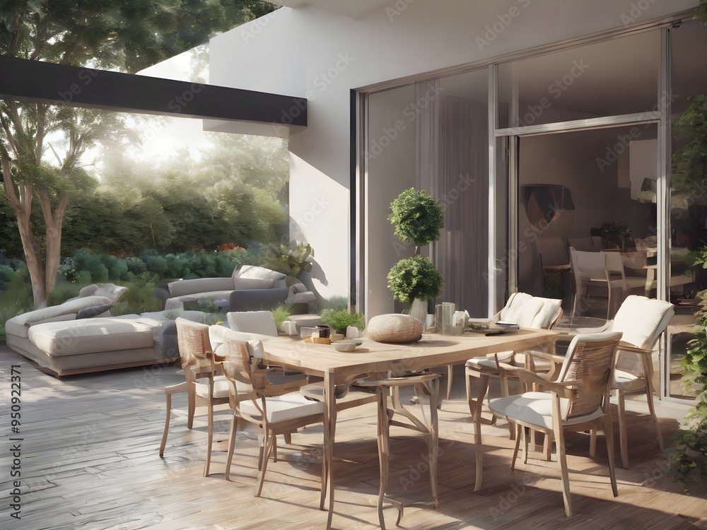 Fototapeta premium Outdoor terrace with wooden table and chairs