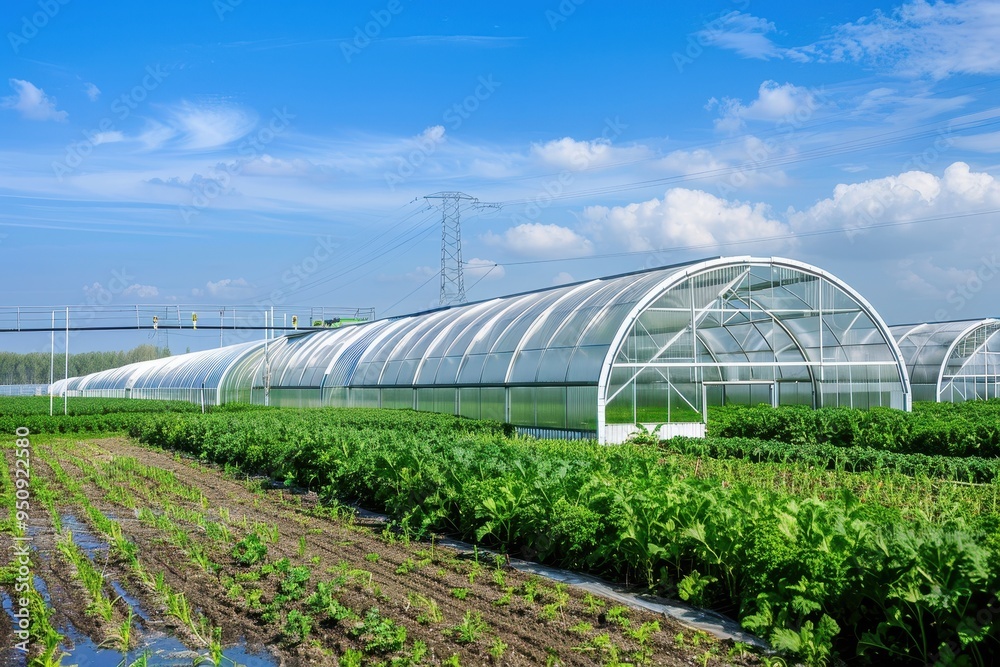 A row of greenhouses on farmland growing early vegetables under a blue sky A row of greenhouses on farmland growing early vegetables under a blue sky