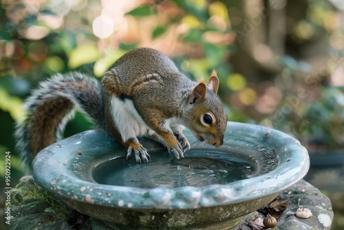 A squirrel eats by the birdbath photo