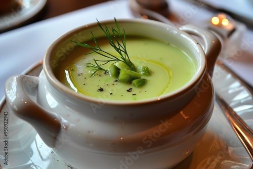 A starter of green and creamy asparagus soup in restaurant Veggie soup made with vegetables photo