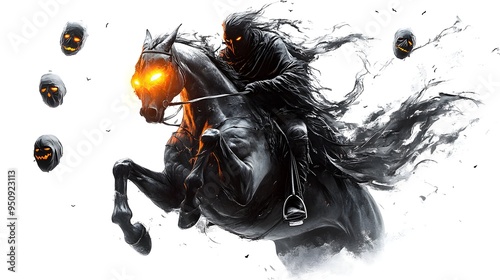 A headless horseman in full gallop, clutching a glowing mask, other spooky Halloween masks flying in the wind, cinematic realism, isolated on white background photo