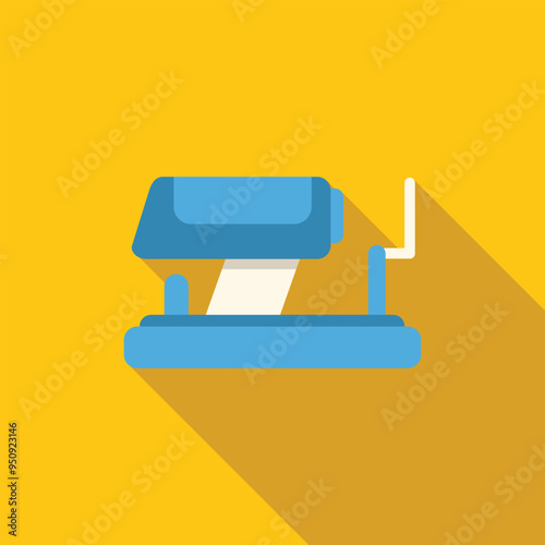 Blue stapler fastening paper with metal staples on a yellow background