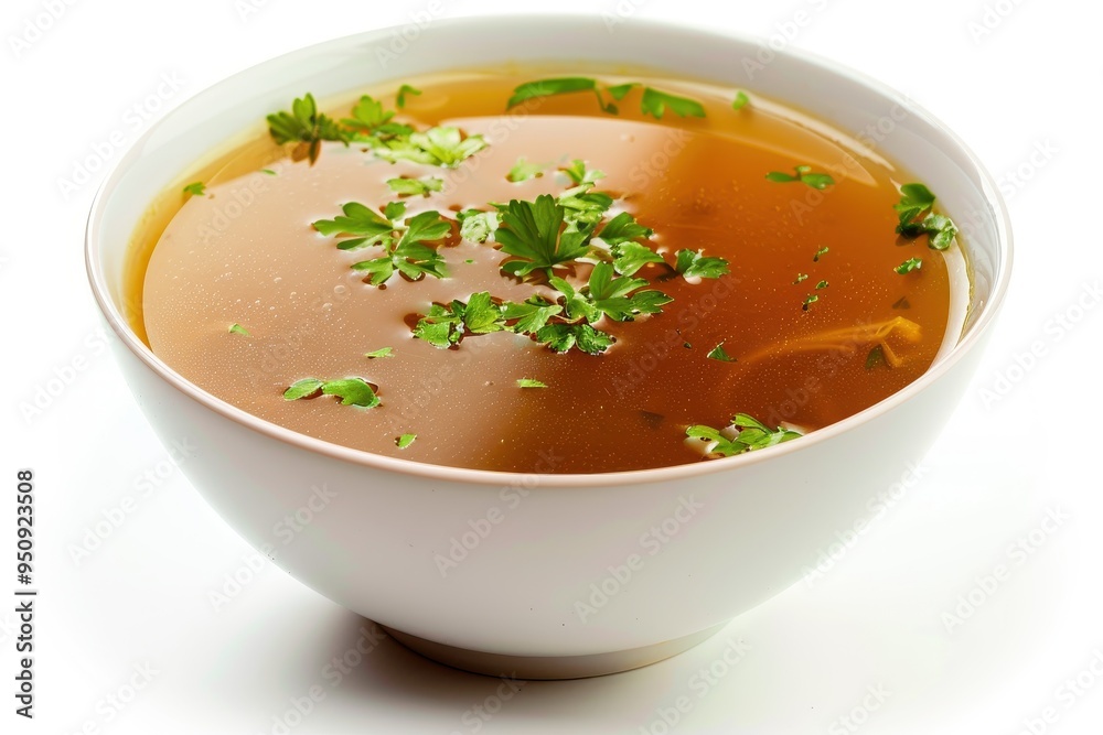 A white bowl filled with broth and greens