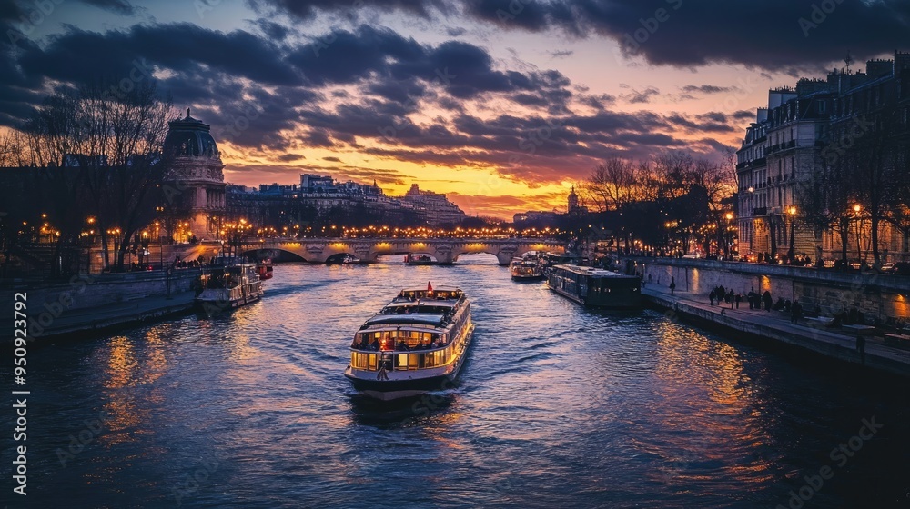 Naklejka premium A city river with boats traveling during the day, gradually illuminated by streetlights and reflections as night falls