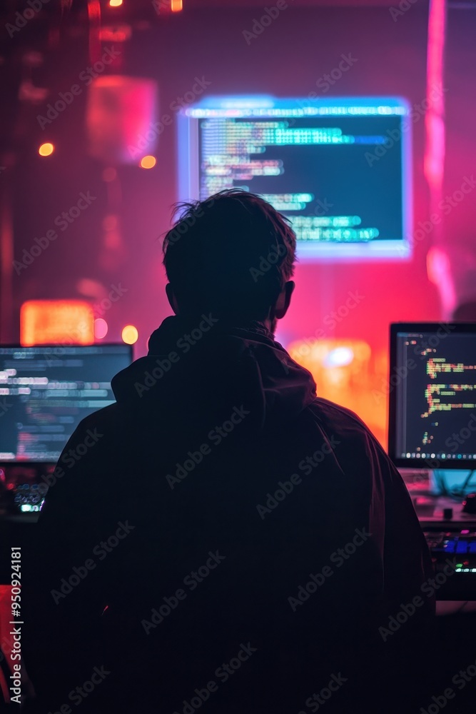 Coding in the Dark: Silhouette of a Programmer in a Neon-Lit Tech Environment Coding in the Dark: Silhouette of a Programmer in a Neon-Lit Tech Environment
