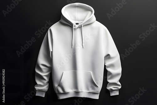 Blank white male hoodie with long sleeves and hood, perfect for minimalist mockups on black background