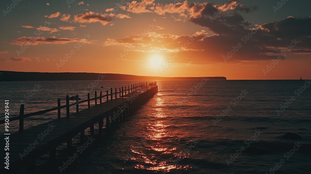 A pier extending into the ocean, with the sun setting behind it and the first stars appearing in the evening sky A pier extending into the ocean, with the sun setting behind it and the first stars appearing in the evening sky
