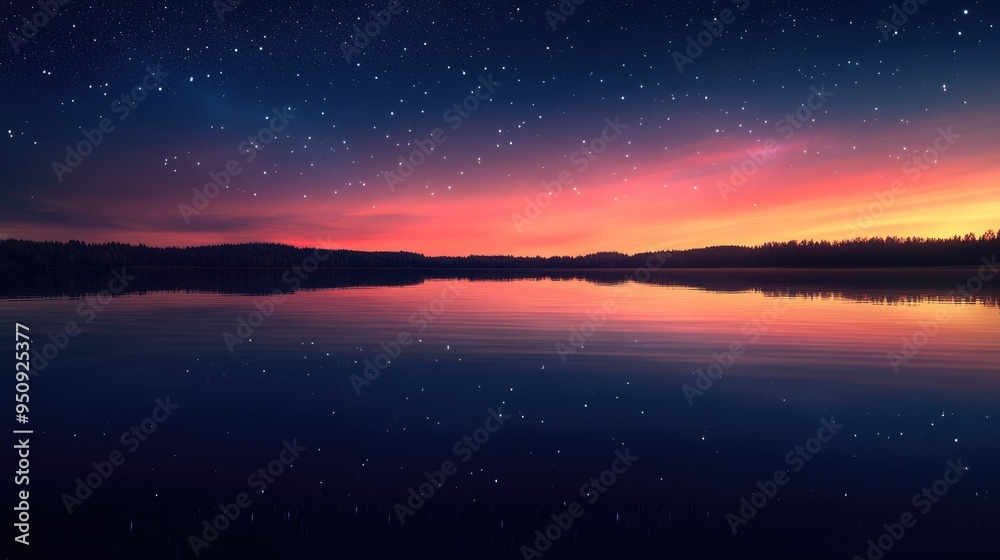 A serene lake reflecting the colors of a sunset, transitioning into the calm of a starry night sky A serene lake reflecting the colors of a sunset, transitioning into the calm of a starry night sky
