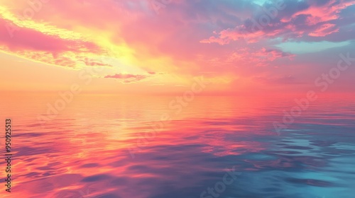 A sunrise over a calm ocean, with the colors of the sky reflecting on the water, slowly transitioning into dusk