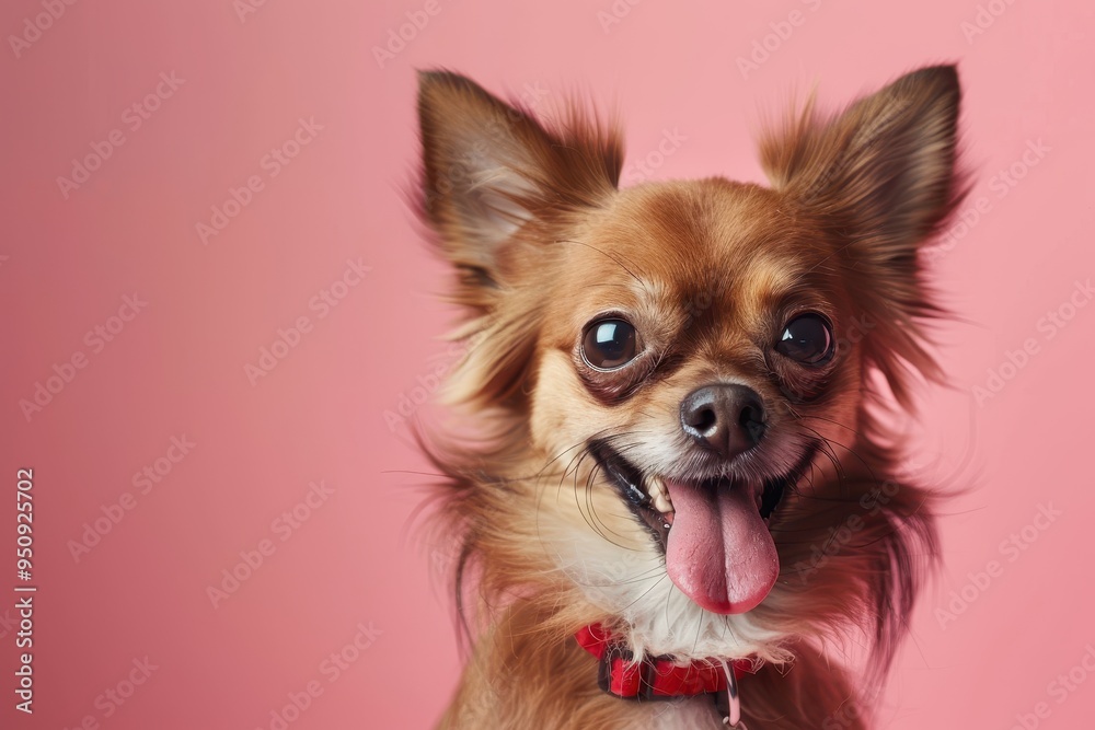 Adorable Mexican chihuahua dog with tongue out on pink background looking at camera red collar Plenty of space for text