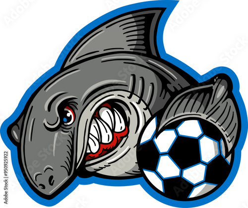 angry shark mascot holding soccer ball for school, college or league sports