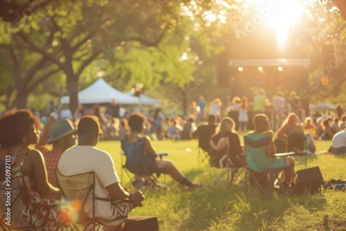 African American group enjoys free outdoor music festival in Houston park Audience sits on chairs grass under open tent Vintage vibe photo