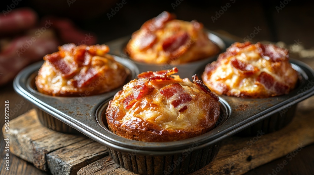 Freshly baked bacon muffins in a tin tray on rustic wood, captured in close-up with a dark background Freshly baked bacon muffins in a tin tray on rustic wood, captured in close-up with a dark background