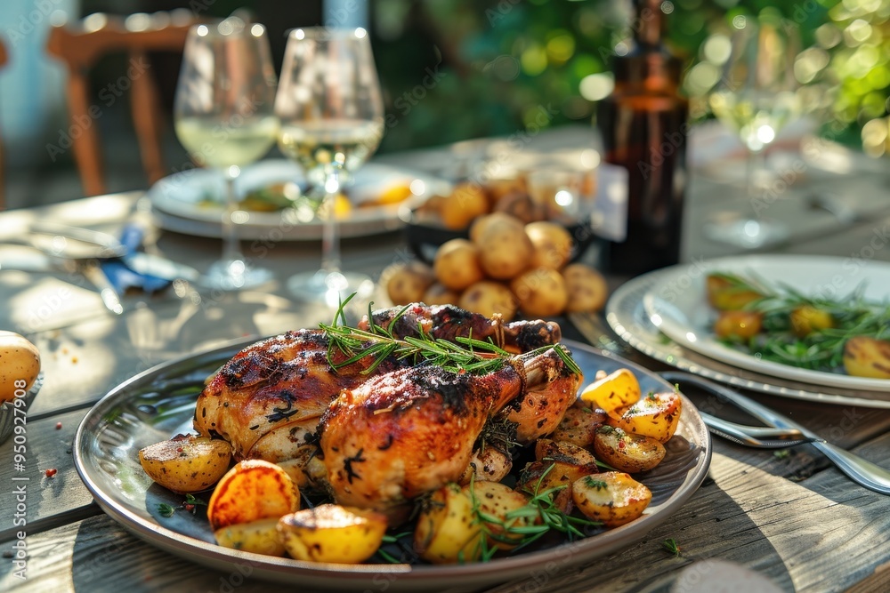 Al fresco meal of chicken and potatoes in sunny garden Al fresco meal of chicken and potatoes in sunny garden