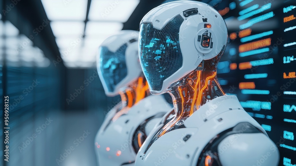 Two robots with glowing eyes Two robots with glowing eyes
