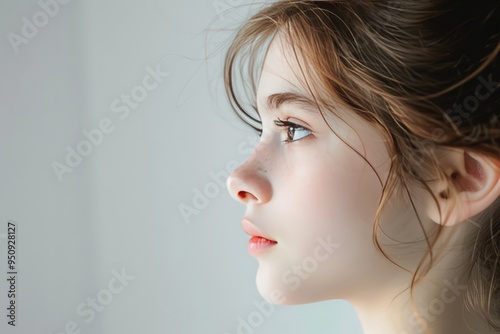 Side profile of a young girl with soft lighting, symbolizing innocence, wonder, and the quiet contemplation of a child as she gazes thoughtfully into the distance.