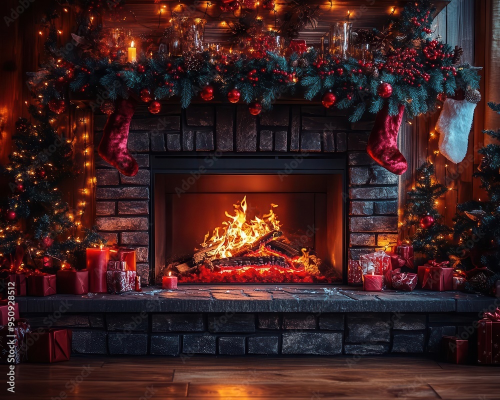 Cozy fireplace with crackling flames, surrounded by holiday decorations, creating a warm winter ambiance, Cozy, Warm Glow, Detailed Cozy fireplace with crackling flames, surrounded by holiday decorations, creating a warm winter ambiance, Cozy, Warm Glow, Detailed
