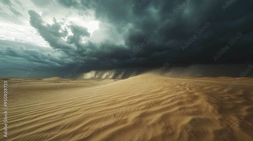Naklejka premium A desert storm approaching, with dark clouds gathering above and the first signs of wind sweeping across the sand