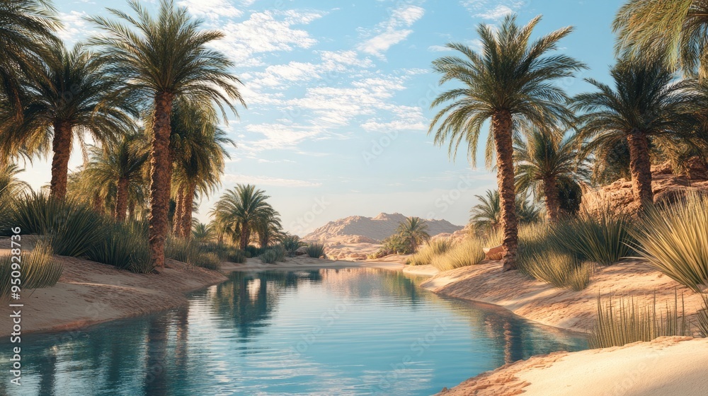 Fototapeta premium A desert oasis surrounded by palm trees, with a calm, reflective pool of water in the center