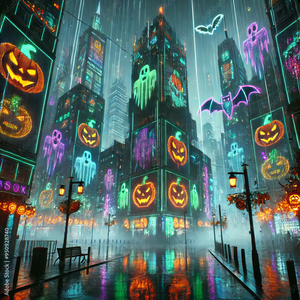 Obraz premium Cyberpunk Halloween Cityscape with Neon Lights and Rain