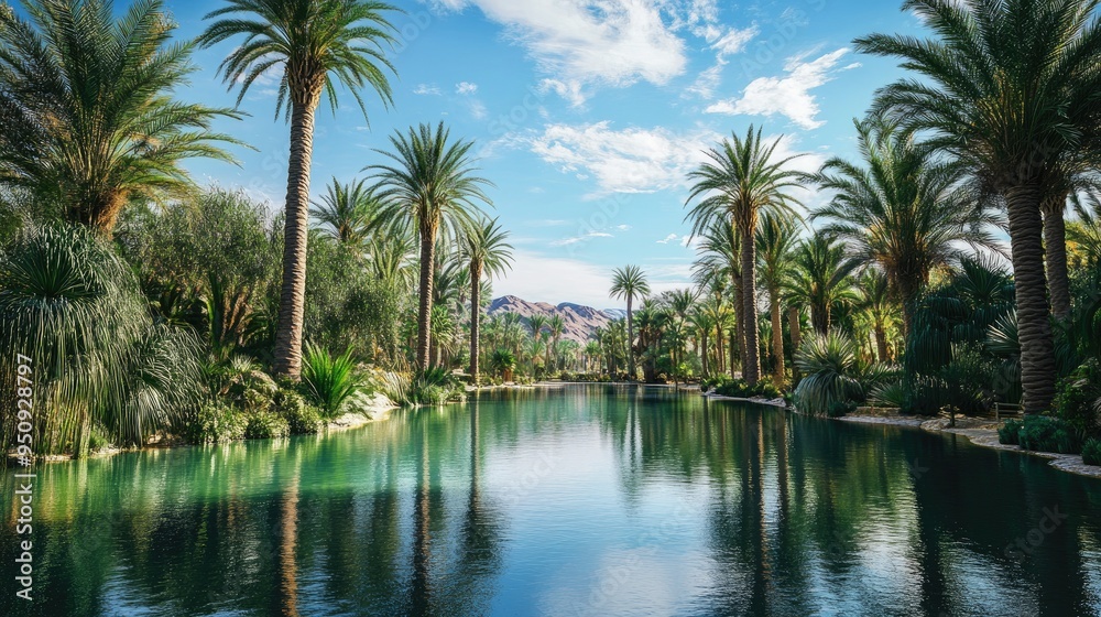 A desert oasis surrounded by palm trees, with a calm, reflective pool of water in the center A desert oasis surrounded by palm trees, with a calm, reflective pool of water in the center