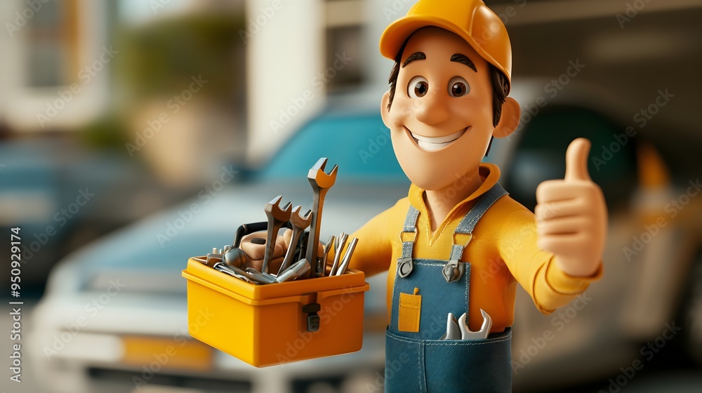 Fototapeta premium Cheerful Construction Worker Smiling and Giving Thumbs Up with Toolkit of Tools