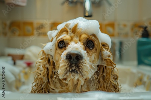 Obraz na płótnie American cocker spaniel getting a bath with a groomer