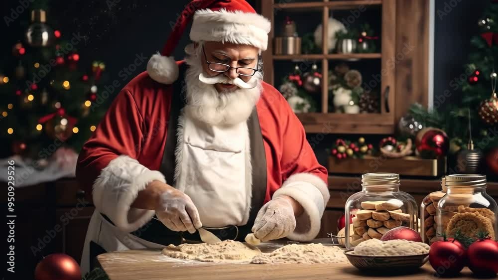 Santa Claus baking cookies in a festive kitchen surrounded by holiday decorations during Christmas season