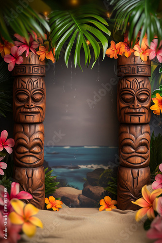 Hawaiian tiki beach border for a custom message or design background, photo backdrop - ocean waves, flowers, palm leaves - Polynesian carved statues, luau invitation
