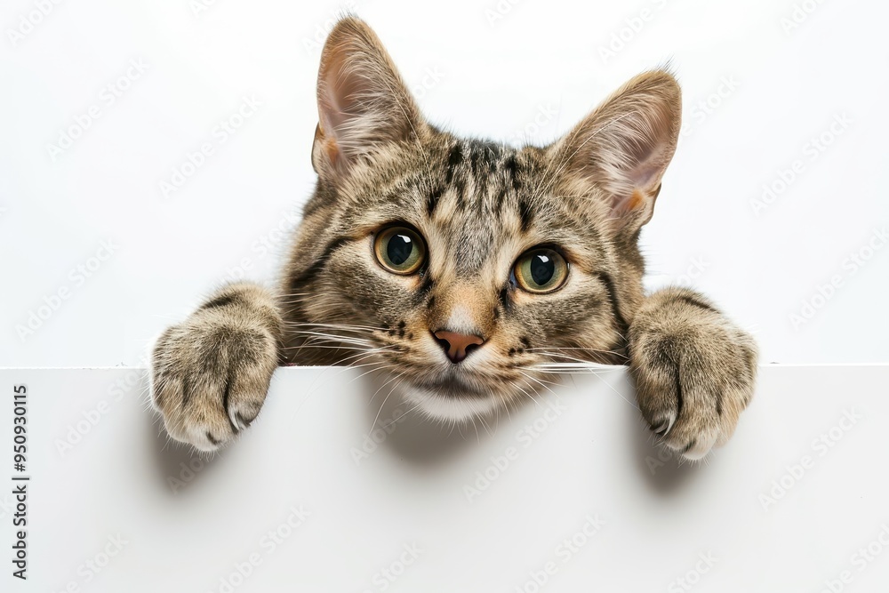 Amusing pet cat holding sign on white background with space for text Amusing pet cat holding sign on white background with space for text