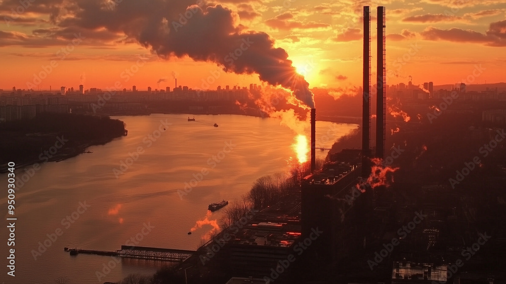 Obraz premium smoke and pollution pours from many industrial stacks, a factory by a river and a city - air pollution themed image of a refinery, heavy industry - environmental awareness