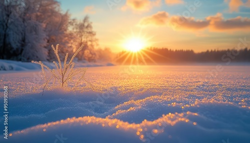 Frosted morning with the sun rising over a snow-covered landscape, casting a warm glow on the frosty ground, Serene, Warm Tones, Wide Shot photo