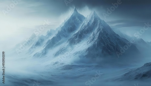 Frosted mountain peaks towering over a frozen valley, with soft winter light illuminating the scene, Majestic, Cool Tones, Wide Shot