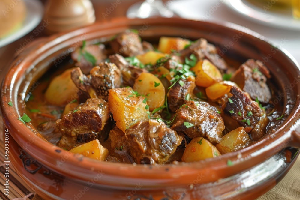 Andalusian meat stew served in ceramic plate Andalusian meat stew served in ceramic plate