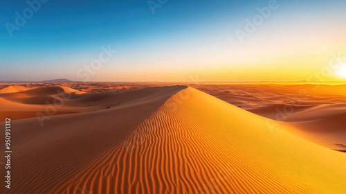 A vast desert landscape at sunrise, with golden dunes stretching into the horizon under a clear, blue sky -