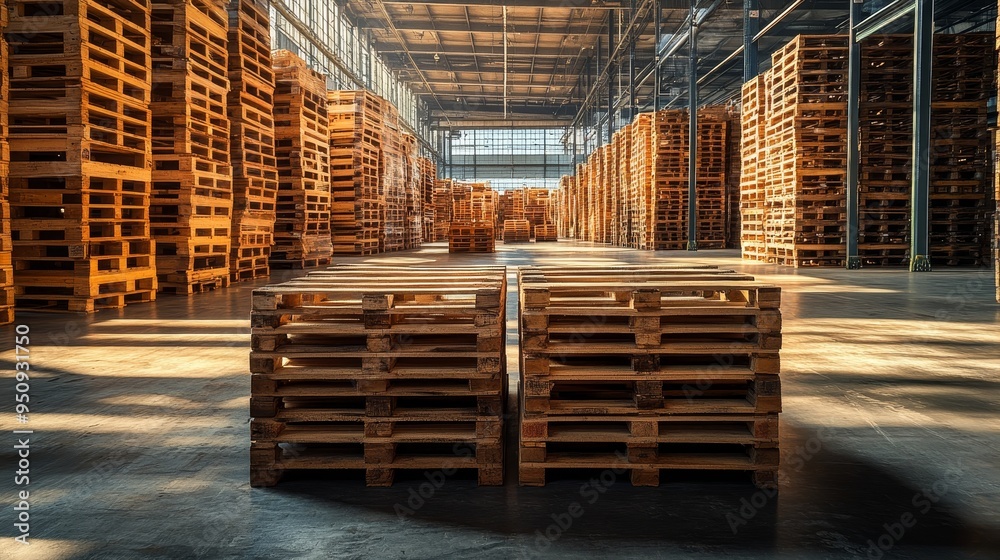 A row of neatly stacked wooden pallets in a spacious warehouse, illuminated by natural light, with the distant view of high shelves filled with goods A row of neatly stacked wooden pallets in a spacious warehouse, illuminated by natural light, with the distant view of high shelves filled with goods