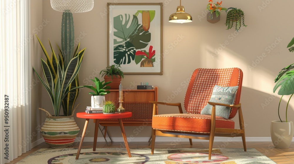 Fototapeta premium Retro Elegance: Stylish Vintage Living Room with Gold Accents and Natural Elements 