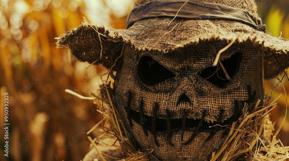 Close-up of a Scarecrow's Face with a Disturbing Expression Close-up of a Scarecrow's Face with a Disturbing Expression
