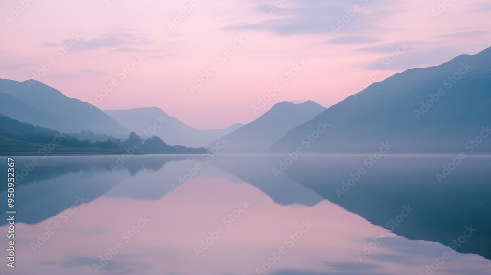 Fototapeta premium A calm lake at dawn, with mountains reflected in the still water and a pink sky overhead