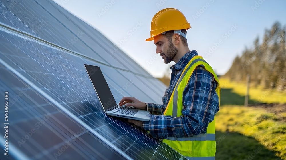 Solar panel technician working on laptop in renewable energy field Solar panel technician working on laptop in renewable energy field
