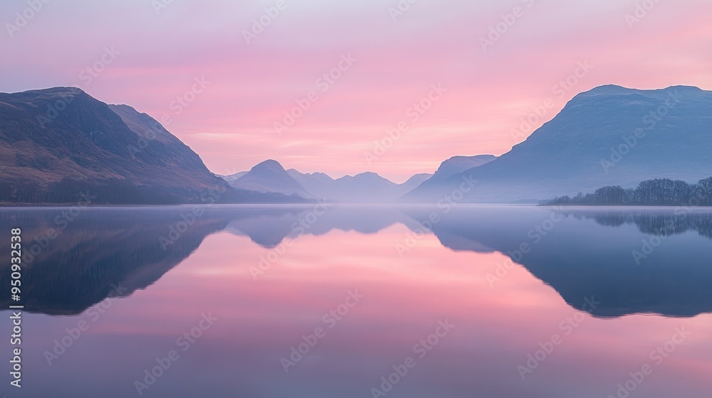 A calm lake at dawn, with mountains reflected in the still water and a pink sky overhead A calm lake at dawn, with mountains reflected in the still water and a pink sky overhead