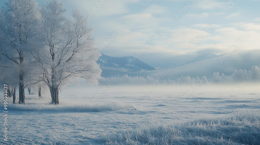 Frozen countryside with snow-covered ground, frosty trees, and distant mountains, creating a serene winter scene, Serene, Cool Tones, Wide Angle Frozen countryside with snow-covered ground, frosty trees, and distant mountains, creating a serene winter scene, Serene, Cool Tones, Wide Angle